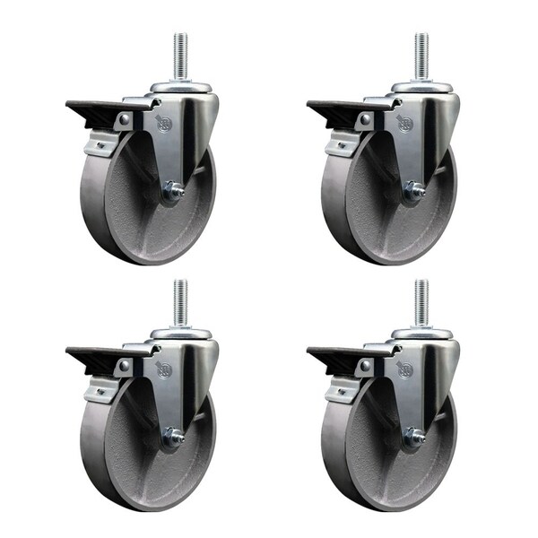 Service Caster 5 Inch Semi Steel Wheel Swivel 34 Inch Threaded Stem Caster Set with Brake SCC SCC-TS20S514-SSS-PLB-34212-4 - main